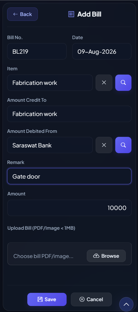 Add Bill Entry Form
